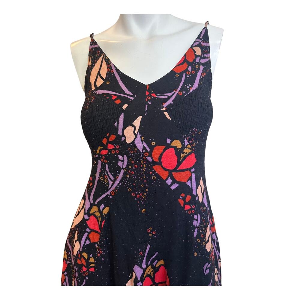 Free People Floral Smocked Maxi Dress XS Black Pink Purple Boho Stretch - Picture 4 of 14